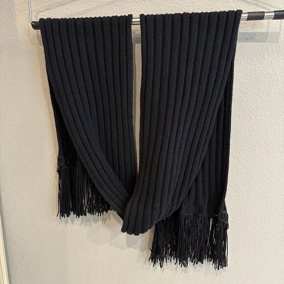 Chanel Vintage 86” Cashmere Knit Scarf Black Fringe Beaded Embellished Wrap RARE - Picture 3 of 9